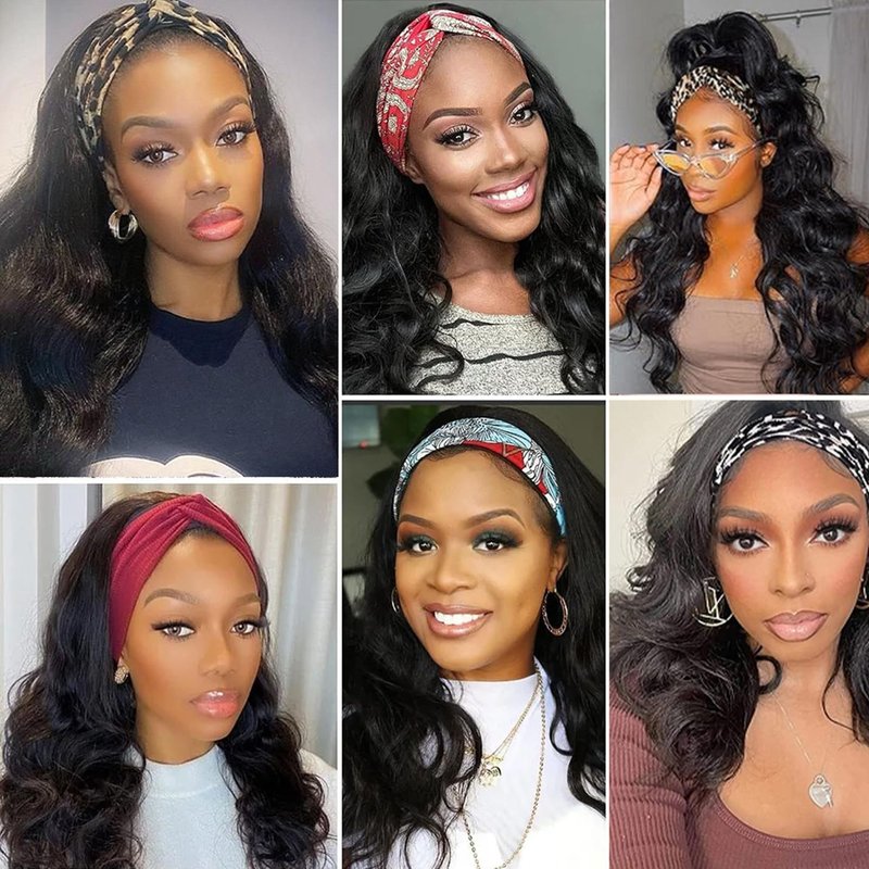 Fylora Headband Wig Human Hair Body Wave 14 Inch Headband Wigs for Black Women Brazilian Virgin Hair Wear and Go Glueless Wig None Lace Front Wigs for Beginners 150% Density Natural Black Color