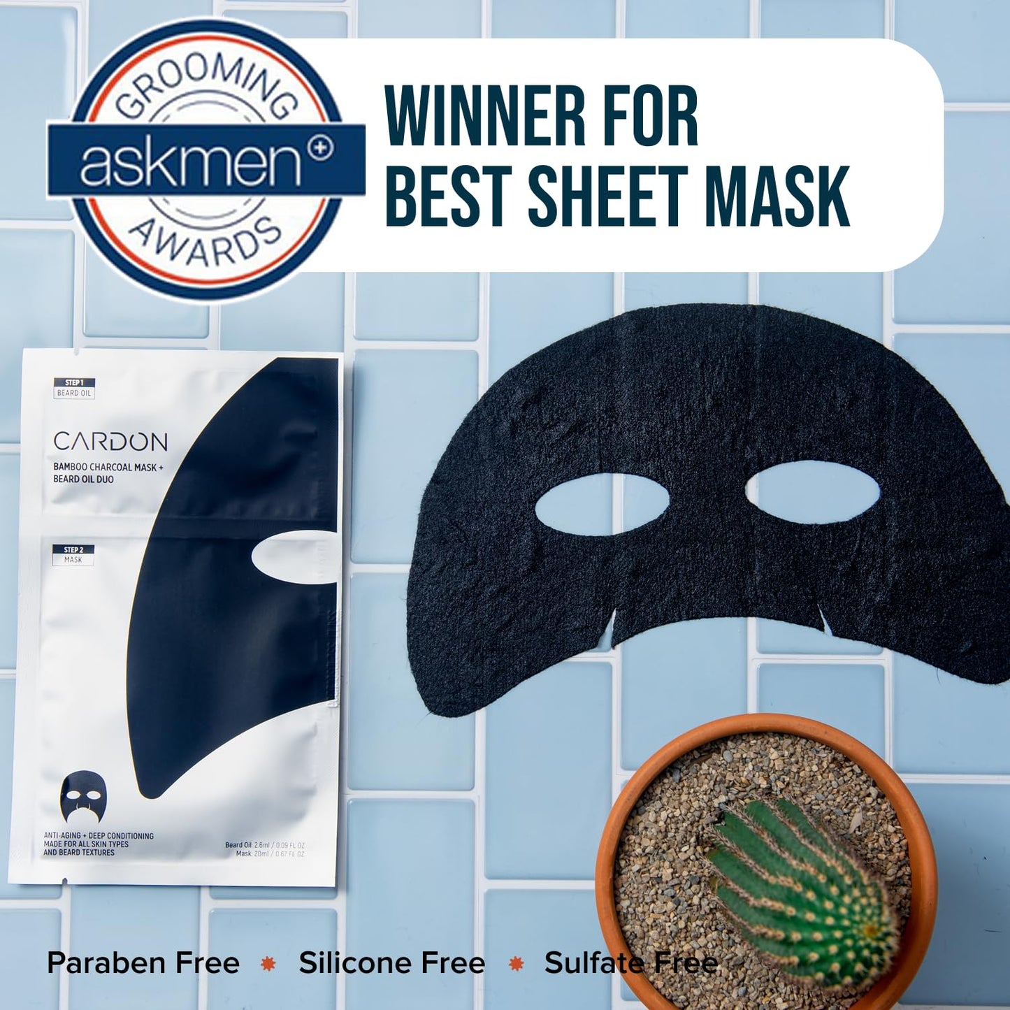 Cardon Complete Face & Beard Care Sheet Masks for Men - Korean Face Masks Skincare with Bamboo Charcoal Detox + Premium Beard Oil - 4 Pack for Deep Hydration, Anti-Aging & Post-Shave Comfort