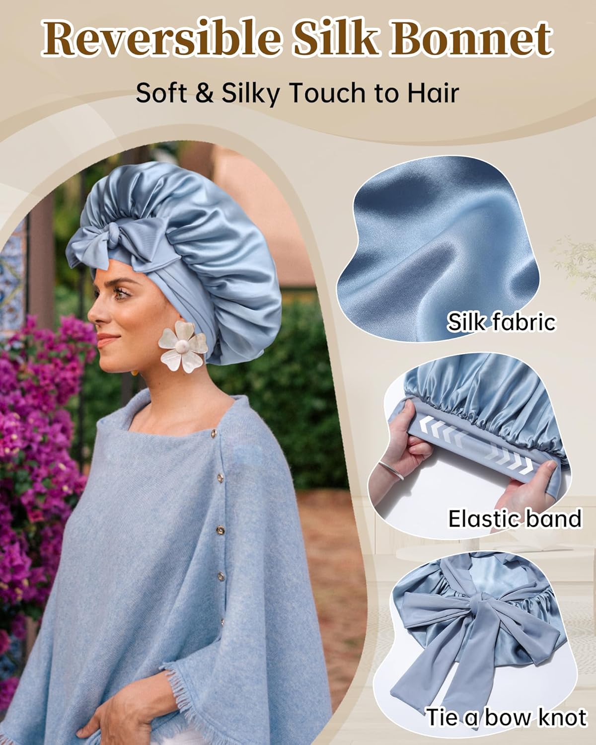 Silk Hair Bonnet for Sleeping - 100% Mulberry Silk with Elastic Tie Band & Scrunchies | Mist Blue & Sky Blue
