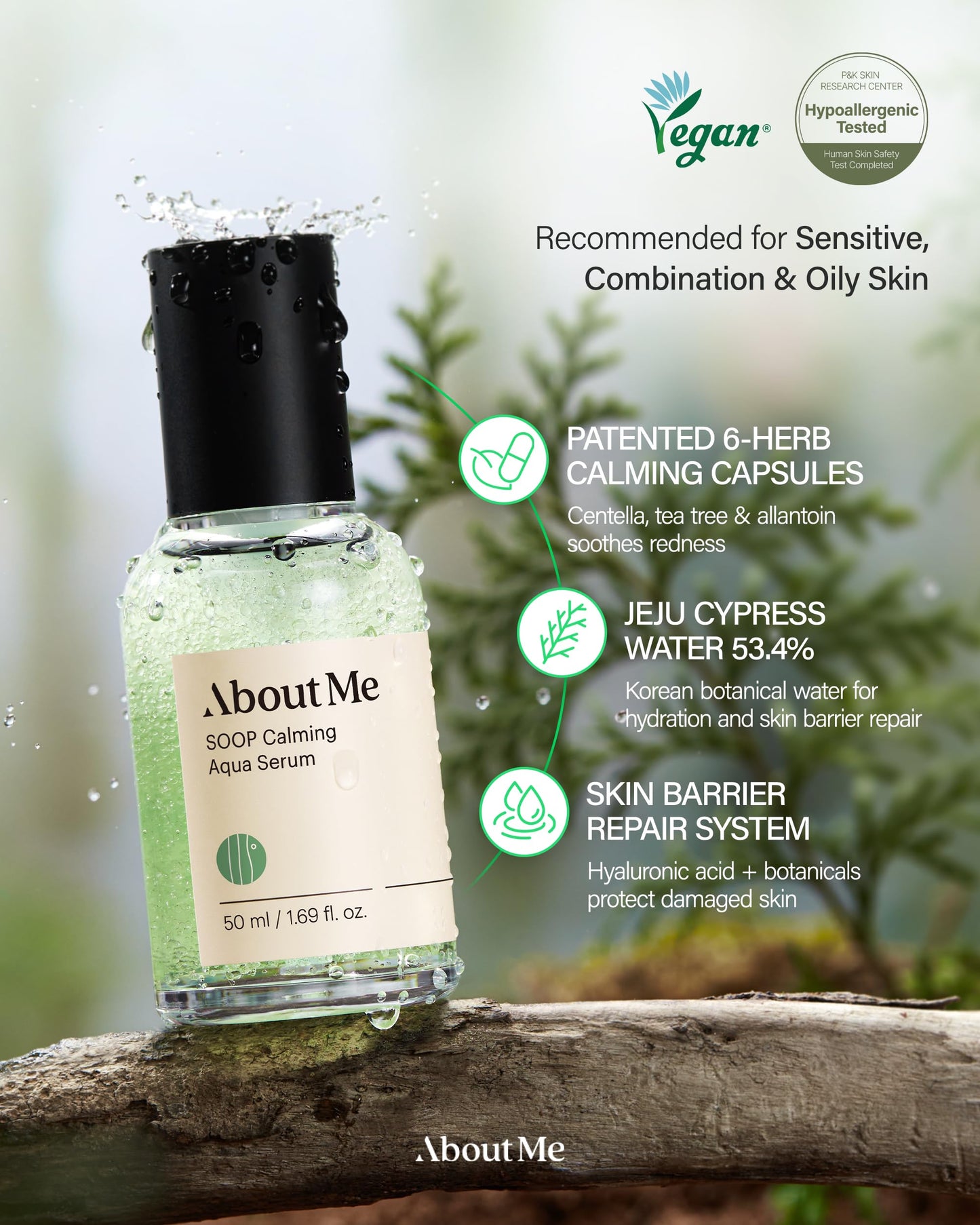 About Me SOOP Calming Aqua Serum - 53.4% Jeju Cypress Water Gel Serum with Bursting Capsules, Hydrating Face Serum for Sensitive Skin, Centella Cica & Tea Tree, Vegan Non-Sticky, 1.69 oz (50ml)