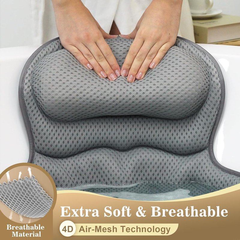 Luxury Bath Pillow - Extra Soft Bathtub Head & Neck Support | 4D Air Mesh Cushions, Non-Slip Suction Cups - Gray