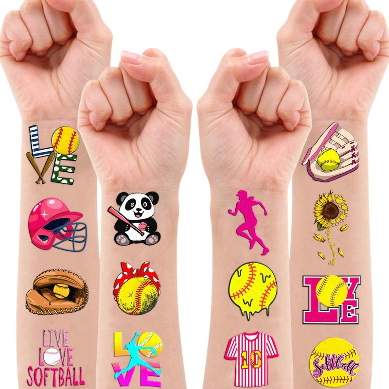 102 PCS Softball Temporary Tattoos Themed Birthday Party Decorations Favors Supplies Decor Girls Cute Baseball Sports Yellow Tattoo Stickers Gifts For Boys Girls Classroom School Prizes Carnival