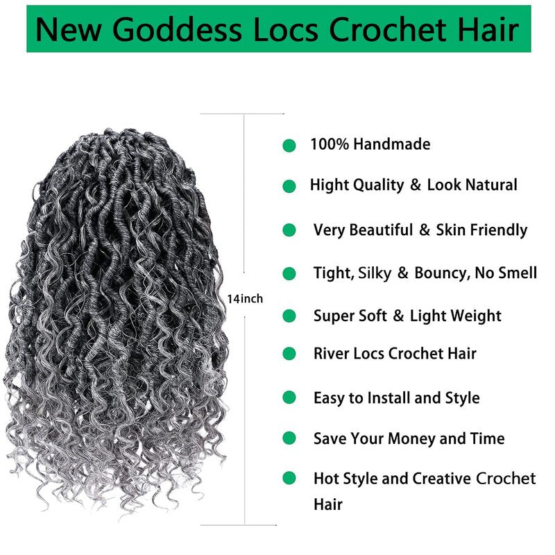 Faux Locs Crochet Hair - 14 Inch Ombre Grey Goddess Locs | 6 Packs Soft River Curly Pre-Looped Braids