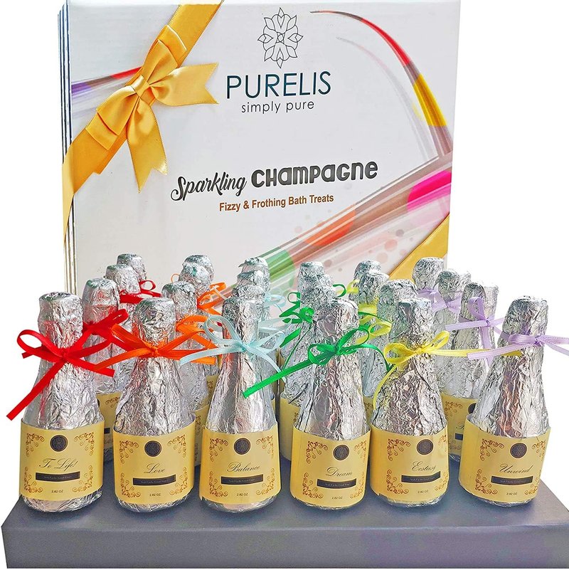 Bath Bombs Gift Set - Wine & Champagne Party Favors for Adults | 24 Individually Wrapped Moisturizing Bath Balls