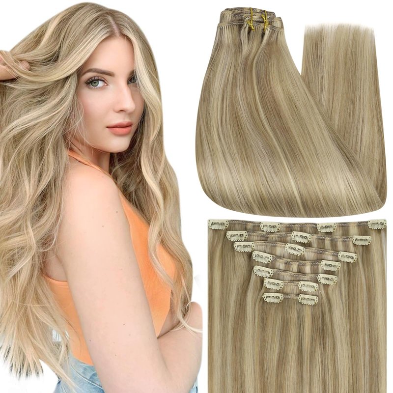 Full Shine Blonde Hair Extensions Clip ins 12 Inch Dirty Blonde Highlights Light Blonde Clip in Hair Extensions for Short Thin Hair 95g 7 Pcs