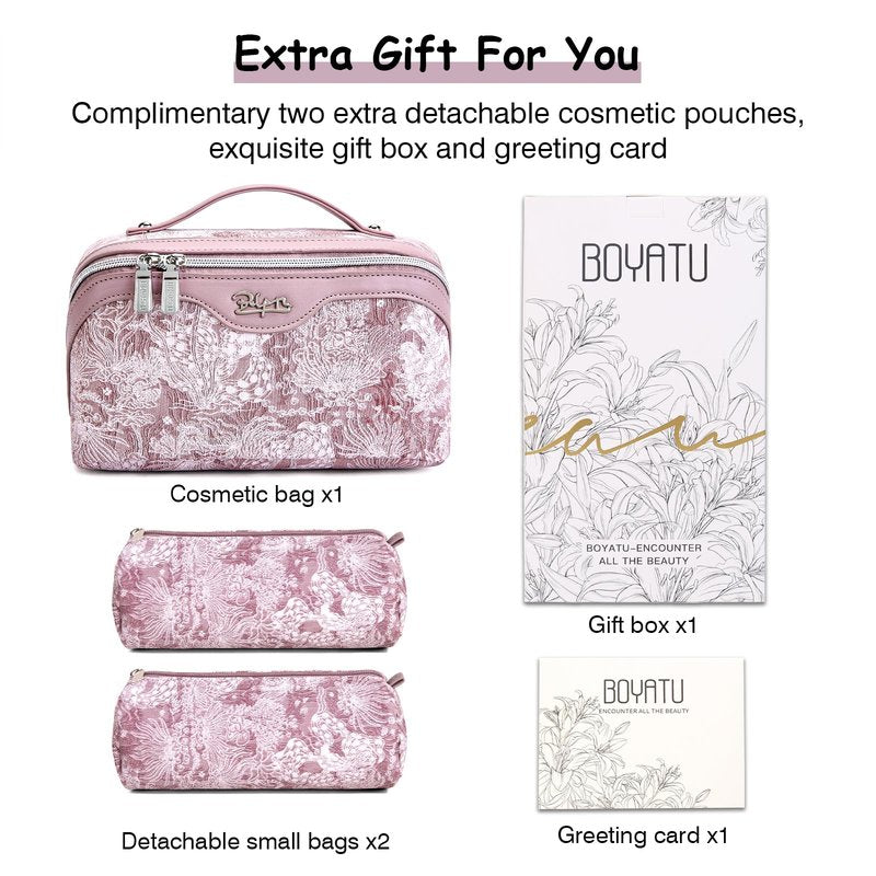 BOYATU Travel Makeup Bag for Women: Large Capacity Make up Bag with Compartments - Vegan Leather Cosmetic Bag set of 3 - Waterproof Toiletry Bag with Handle & Divider(E-1-Purple)