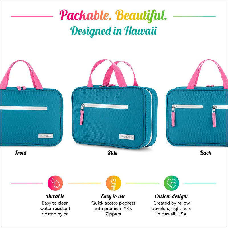 Eco Sun Hanging Travel Toiletry Bag — Designed in Hawaii — Water-Resistant Travel Organizer for Bathroom Accessories (Teal/Hot Pink)