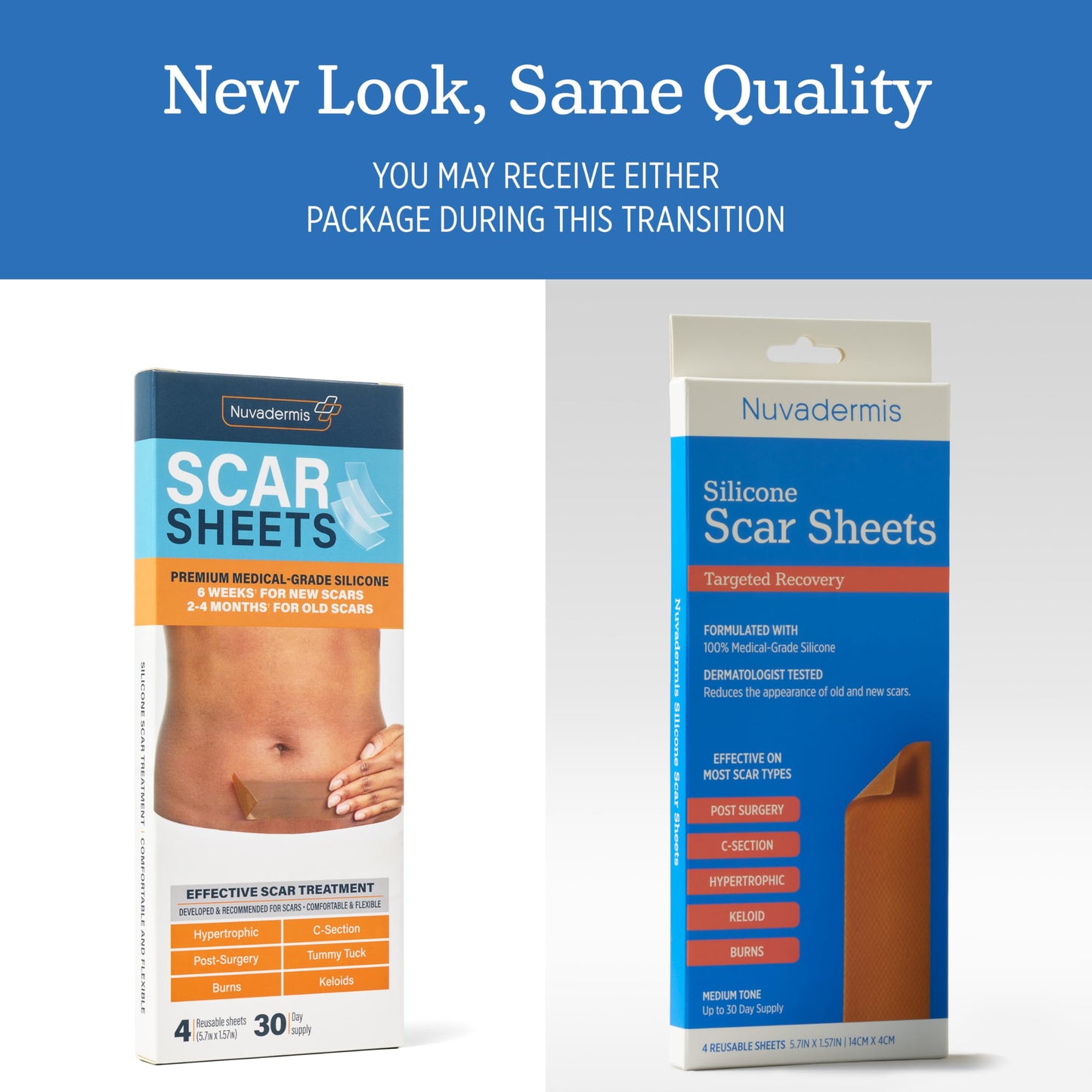 NUVADERMIS Silicone Scar Sheets - Extra Long Scar Sheets for C-Section, Tummy Tuck, Keloid, and Surgical Scars - Reusable Medical Grade Silicone Scar Sheets - 2 Packs of 4 - Medium Tone