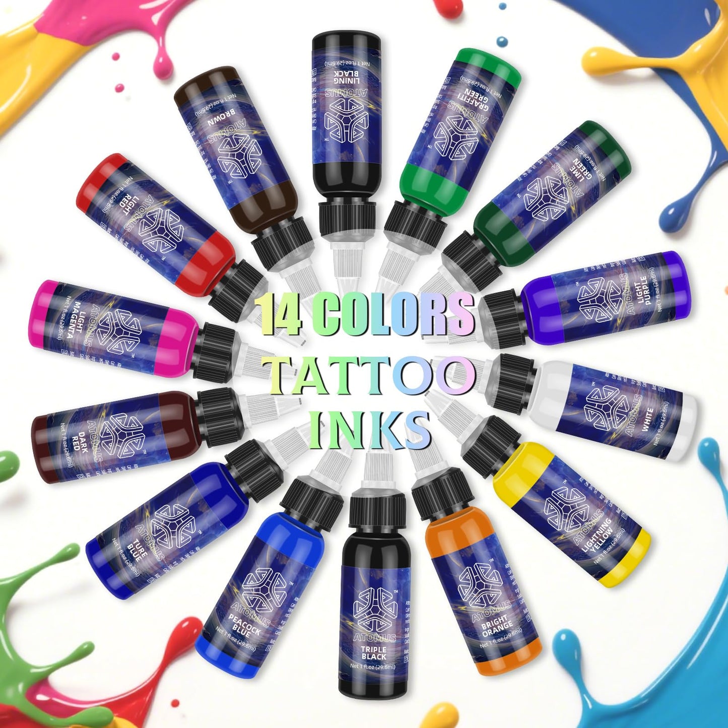 ATOMUS Tattoo Ink Kit Tattoo Pigment Set Natural Plant Tattoo Ink Pigment Permanent Makeup Tattoos Pigment(14 Colors 1 oz)