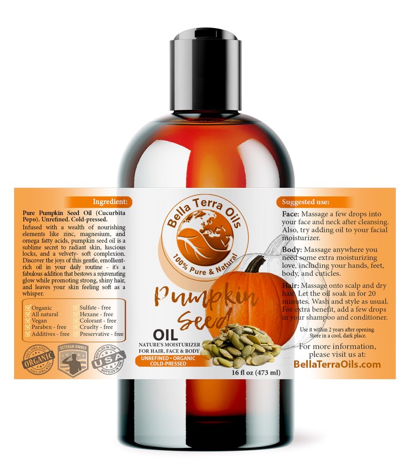 Bella Terra Oils - Natural Pumpkin Seed Oil 16oz - An Ode to Natural Pumpkin's Nutrient Array, Packed with Cucurbitin & Essential Amino Acids, A Skin's Cherished Elixir