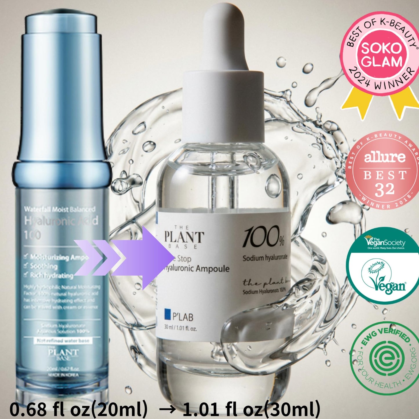 THE PLANT BASE 100% Pure Hyaluronic Acid Ampoule | Single-Ingredient Vegan Serum for Dry & Sensitive Skin | Fragrance-Free, Non-Comedogenic | K-Beauty NMF Deep Moisture, 1.01 fl oz