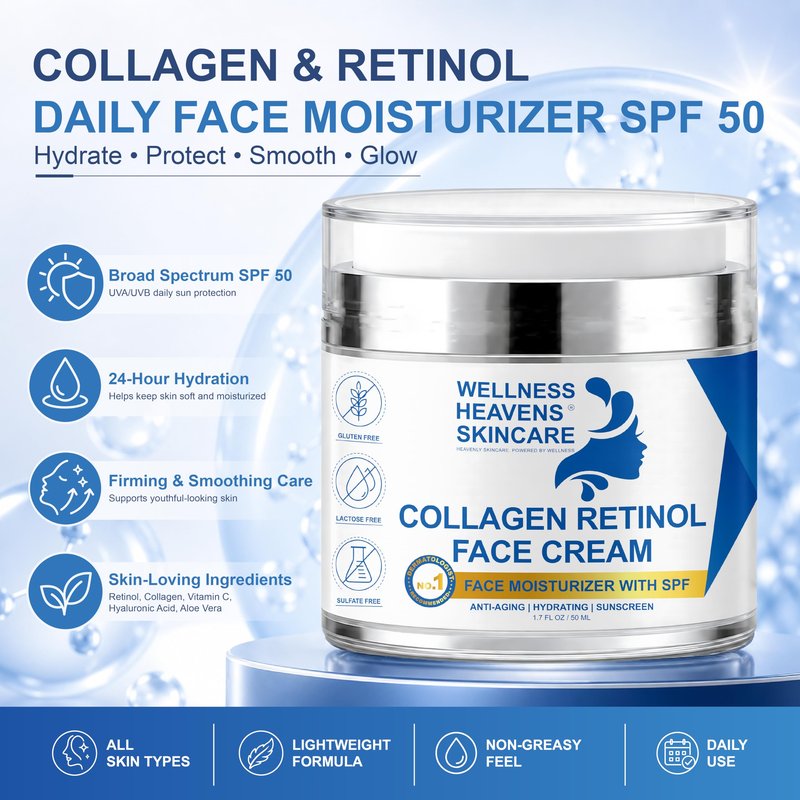 Anti-Aging Face Moisturizer for Face, Face Moisturizer with SPF, Collagen, Retinol, Hyaluronic Acid Cream, Age-Defying, Lift & Firm Cream, Sunscreen for Face, Lotion, Great for Dry, Aging Skin 1.7oz