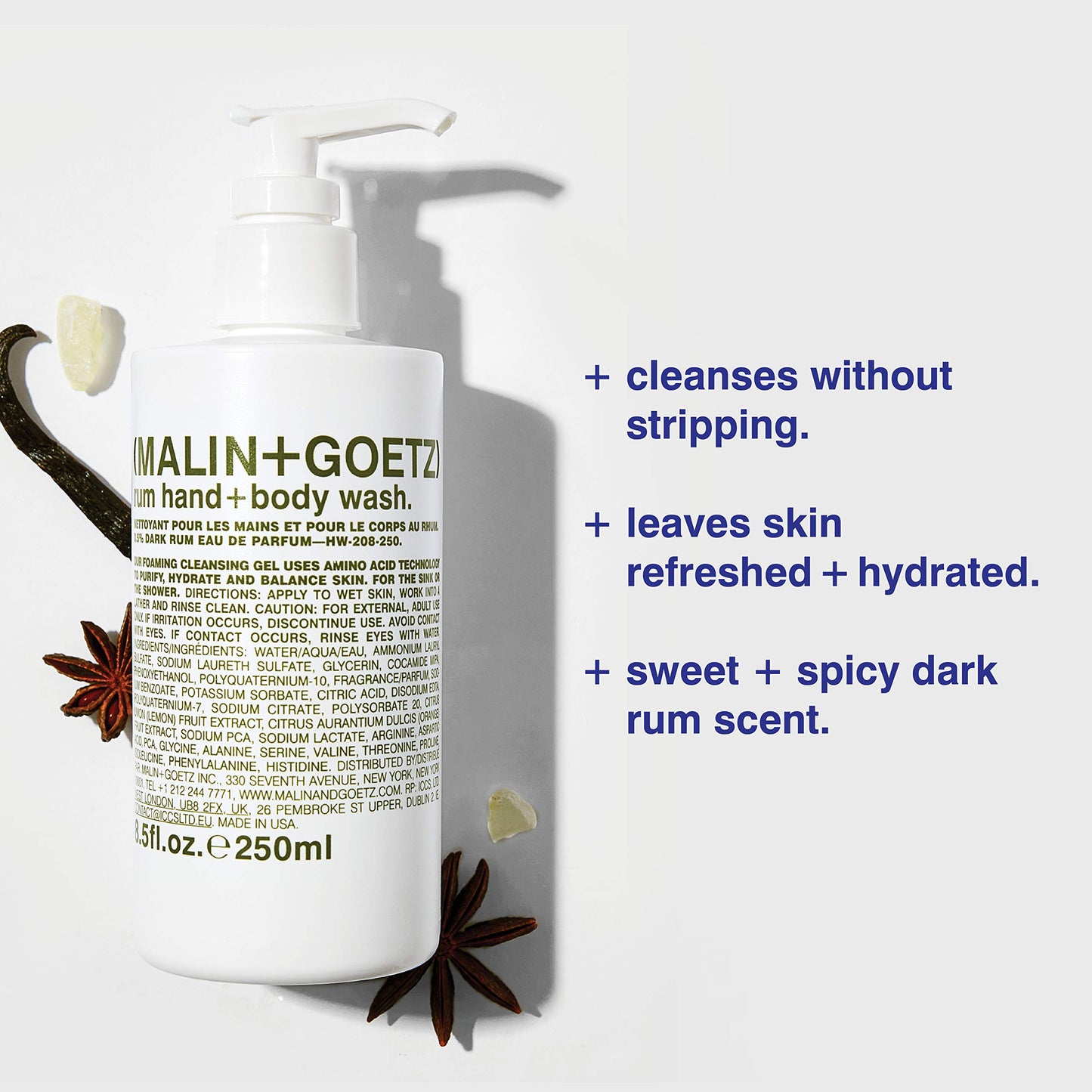 MALIN+GOETZ Hand + Body Wash | Gentle Foaming Cleanser with Botanical Extracts and Amino Acids | Hydrating, pH-Balanced, Unisex Scent | Vegan & Cruelty-Free (Rum, 16 Fl Oz)