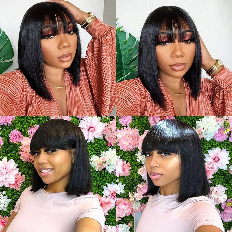 ROSELINE Short Bob Wig Human Hair Glueless HD 1X3 Lace Closure Human Hair Bob Wig With Bangs For Black Women (10Inch)