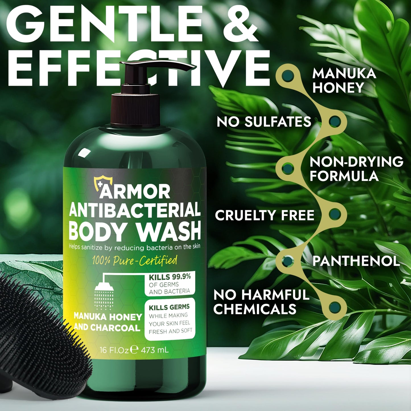 Antibacterial Body Wash | Antibacterial Soap for Men & Women | Kills 99.9% of Germs & Bacteria | Helps with Back Acne, Body Odor & Skin Irritation | Manuka Honey & Charcoal | Includes Scrubber16 fl oz