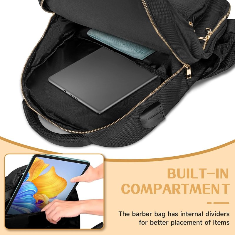 Barber Supplies Bag - Portable Clipper Backpack with USB Port | Black & Gold