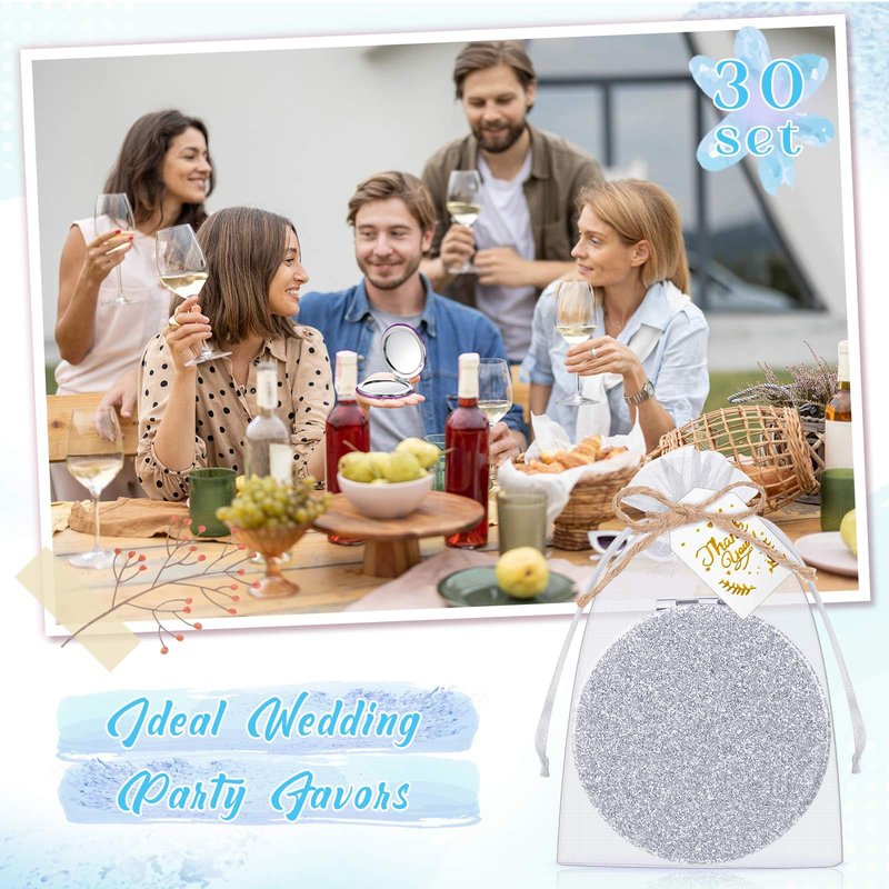 Chunful 30 Sets Compact Magnifying Mirrors Gifts with Thank You Card and Rope Quinceanera Party Favors for Guests Bridal Shower Wedding Souvenir Bridesmaids Mother's Day (Silver)