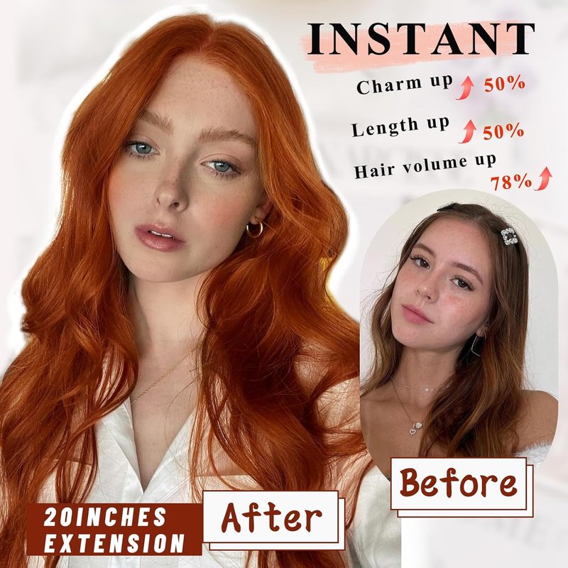 Long Wavy Hair Extensions - 4PCS Copper Red Curly Synthetic Thick Hairpieces | 20 Inch Double Weft Full Head