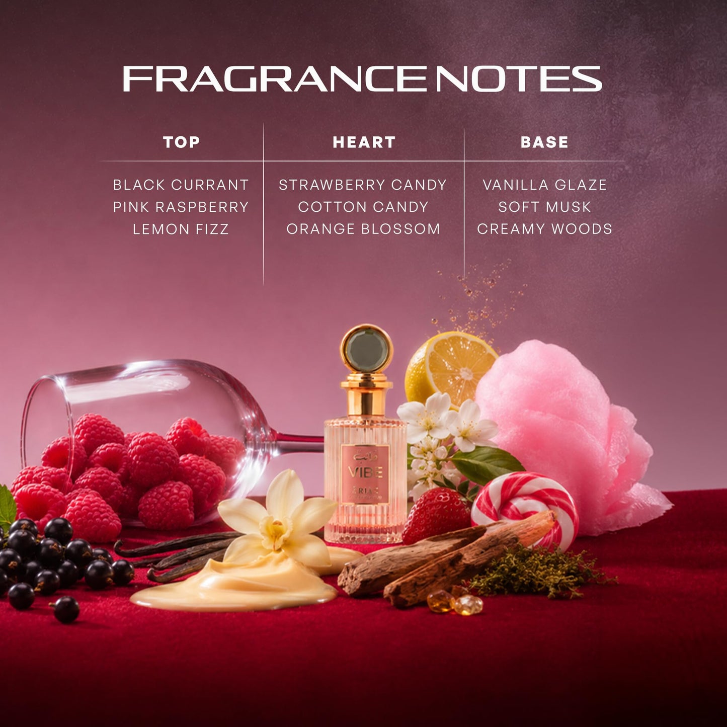 ARIAZ Vibe Women Eau De Parfum - Playful Candy Gourmand with Black Currant, Raspberry, Lemon Fizz, Cotton Candy, Vanilla & Musk - Long Lasting Oil Based Fruity Floral Day to Night Fragrance - 3.4 Oz