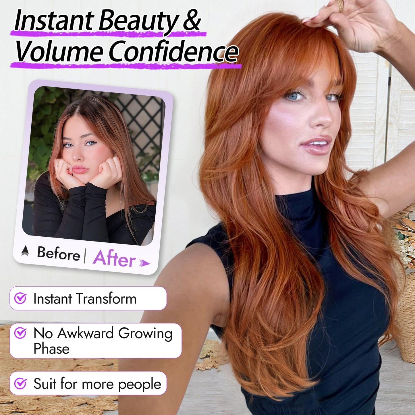 Eawwii Long Ginger Wig with Bangs for Women,4x4 Realistic Scalp, Free Parting,Layered Hairstyle Synthetic Heat Resistant for Daily Party Use 26 inch