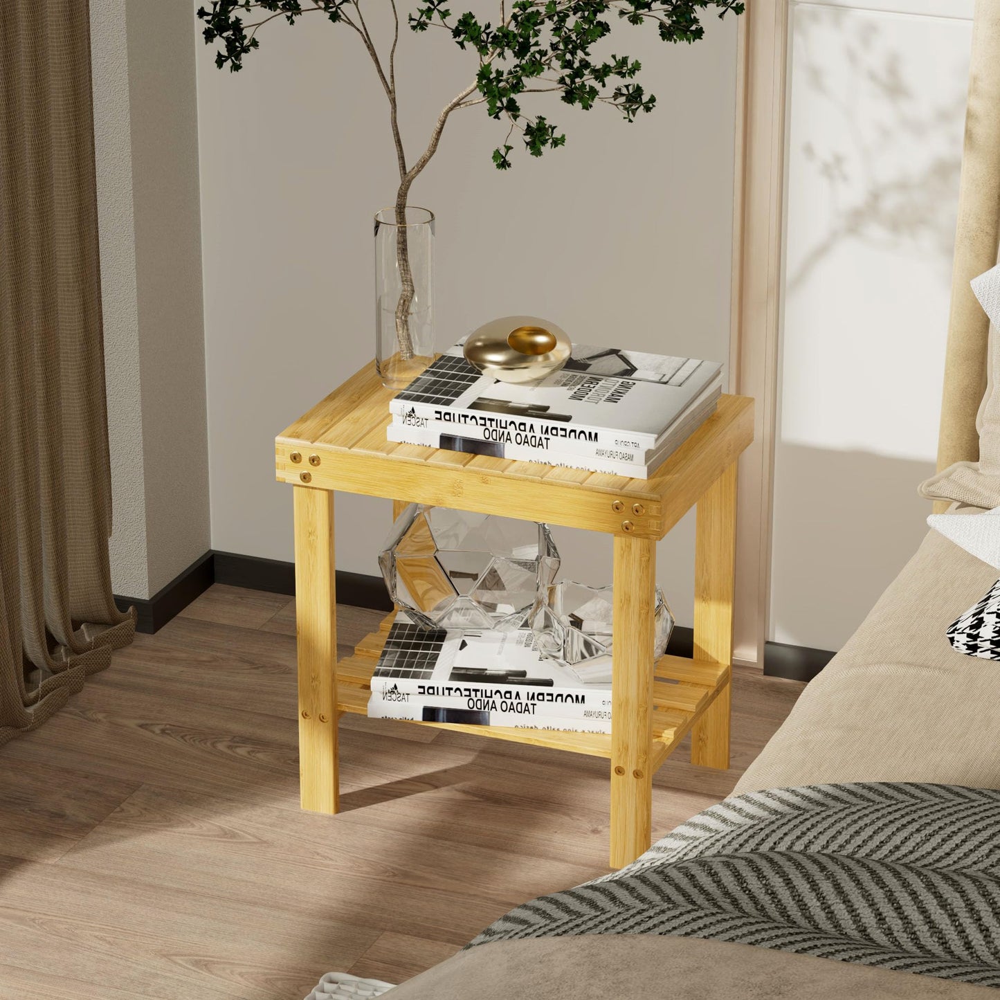 Glavbiku Bamboo Shower Chair, Shower Foot Rest for Adults & Kids, Non-Slip Bath Stool with Storage Shelf, Safe & Stable Wooden Bench for Spa, Bathroom, Bedside, Living Room - White