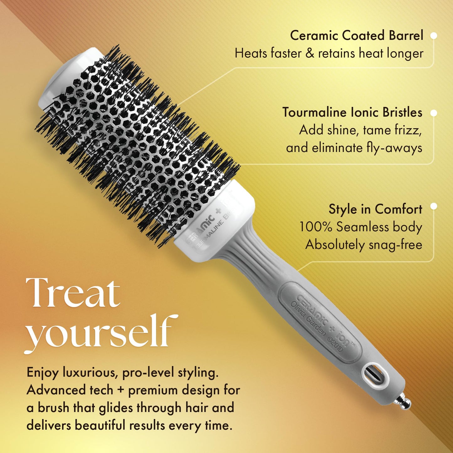 Olivia Garden Ceramic + Ion Round Thermal Hair Brush - Not Electrical - Professional Blowout Brush for Normal to Thick Hair - 1.75"-Diameter Barrel - White and Grey - CI-45
