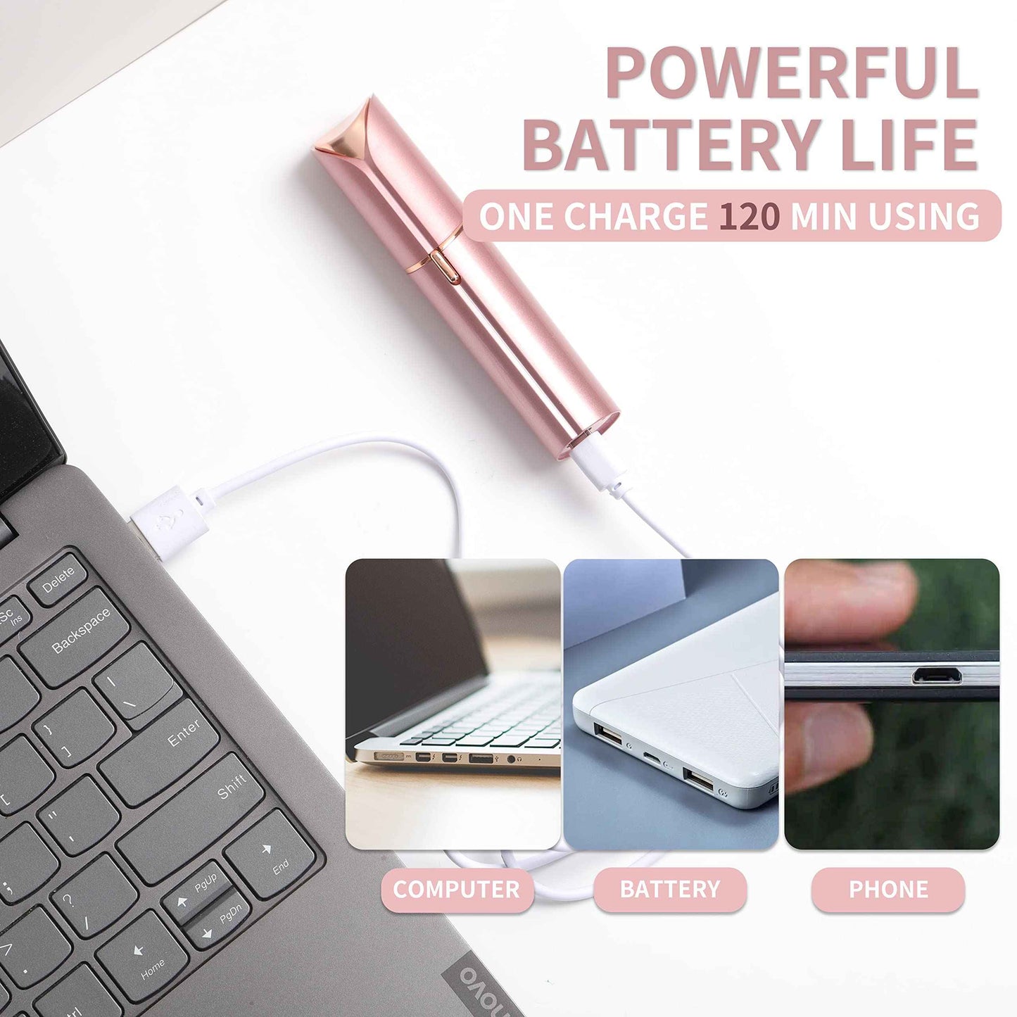 Facial Hair Removal for Women, Portable Painless Hair Remover Device, Rechargeable, with 4 Replacement Heads, for Face, Upper Lip and Chin