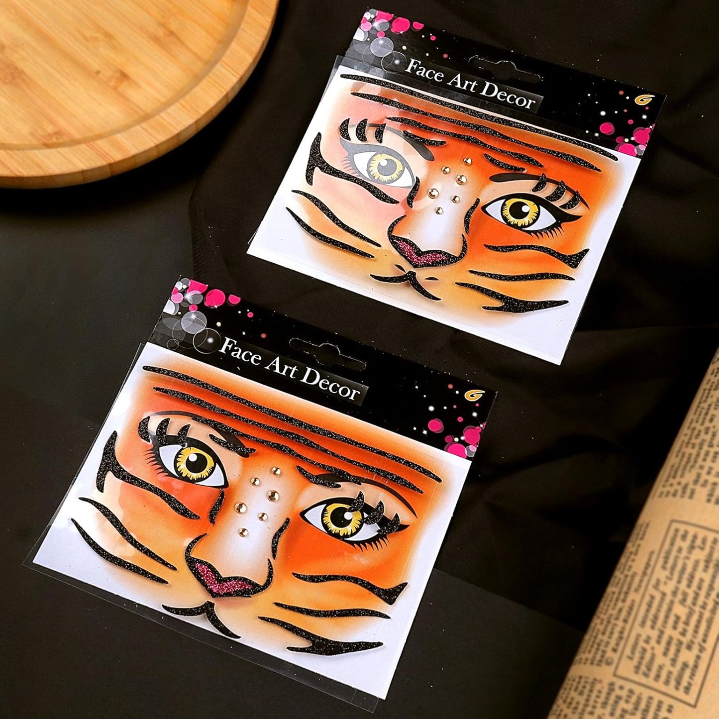 Tiger Face Tattoo Stickers - Glitter Temporary Face Jewels for Adults & Kids | 2 Pcs for Makeup & Party Decor