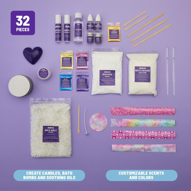 Claire’s DIY Bath Bomb & Scented Candle Making Set, 32-Piece Spa Craft Kit, Make Your Own Soothing Oils & Perfume Fragrance, Kids Toys, Science Beauty Project Activity, Arts & Crafts Gift for Ages 6+