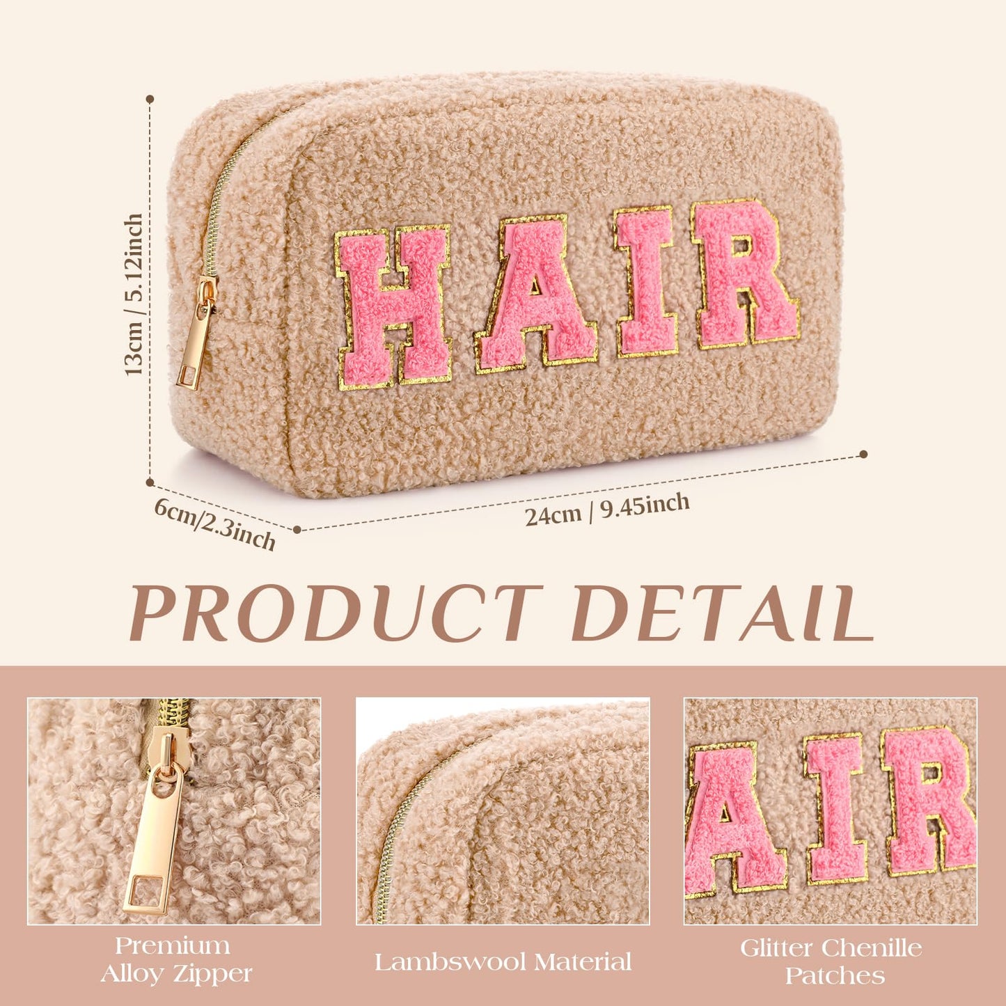 Paterr 4 Pcs Chenille Letter Preppy Patches Makeup Pouch Bag Plush Fuzzy Makeup Pouch Hair Skin Face Stuff Bag Cute Cosmetic Purse Zipper Travel Toiletry for Wedding Birthday Gifts(Pink Brown Colors)