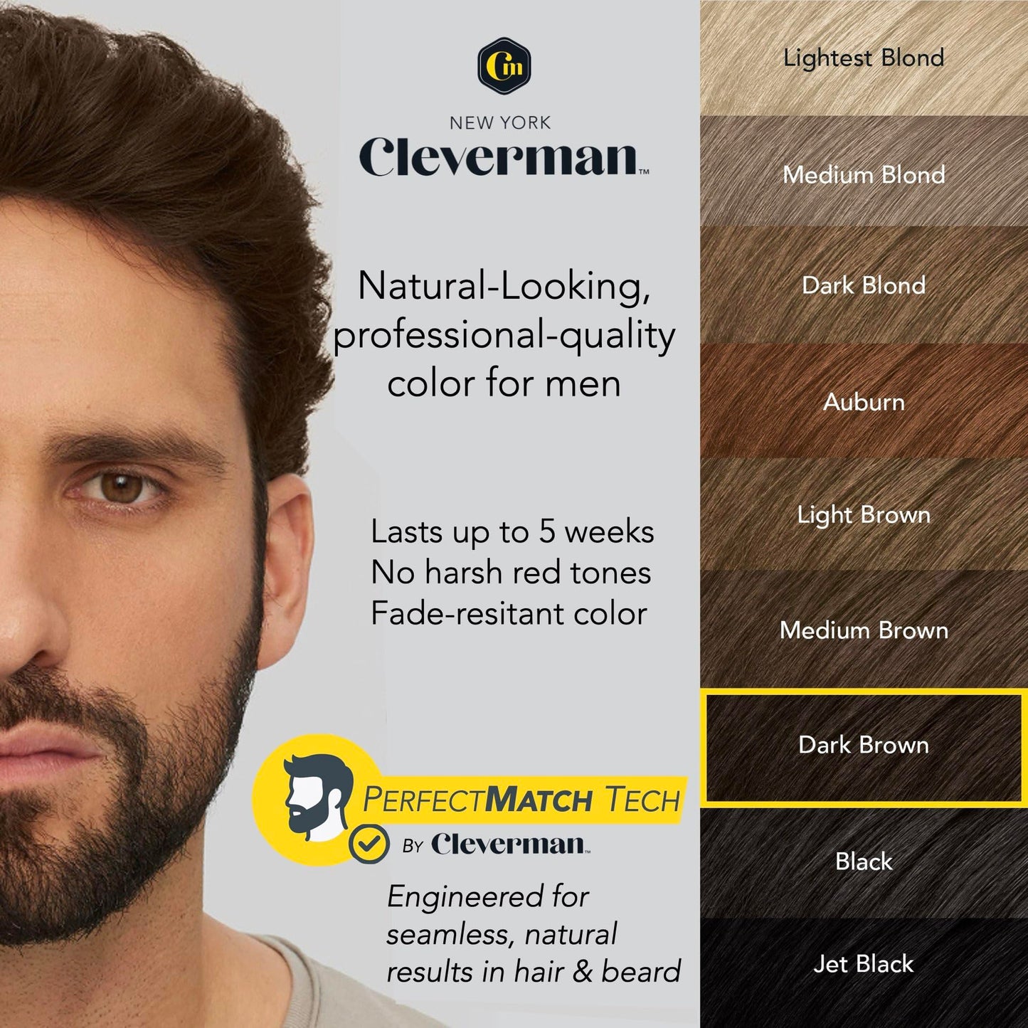 Reusable Hair & Beard Dye for Men – Dark Brown 3.1 | Up to 5 Uses, 7 Minutes | Natural Gray Coverage, No-Drip Cream with SkinArmour® – Cleverman