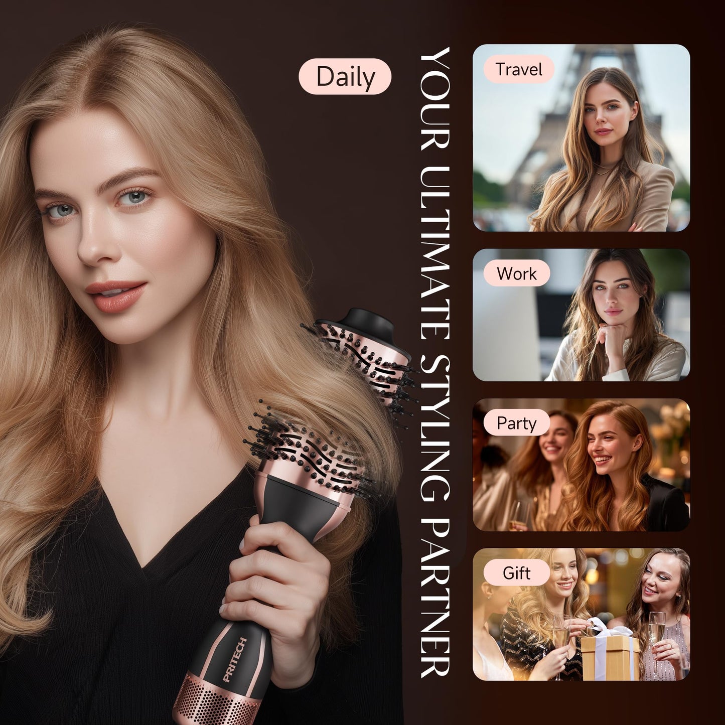 PRITECH 1000W Dual Voltage Ceramic Ionic Hair Dryer Brush,4-in-1 Hot Air Styler & One Step Volumizer for Straight & Curly Hair Salon (110-120V/220-240V),Black Gold