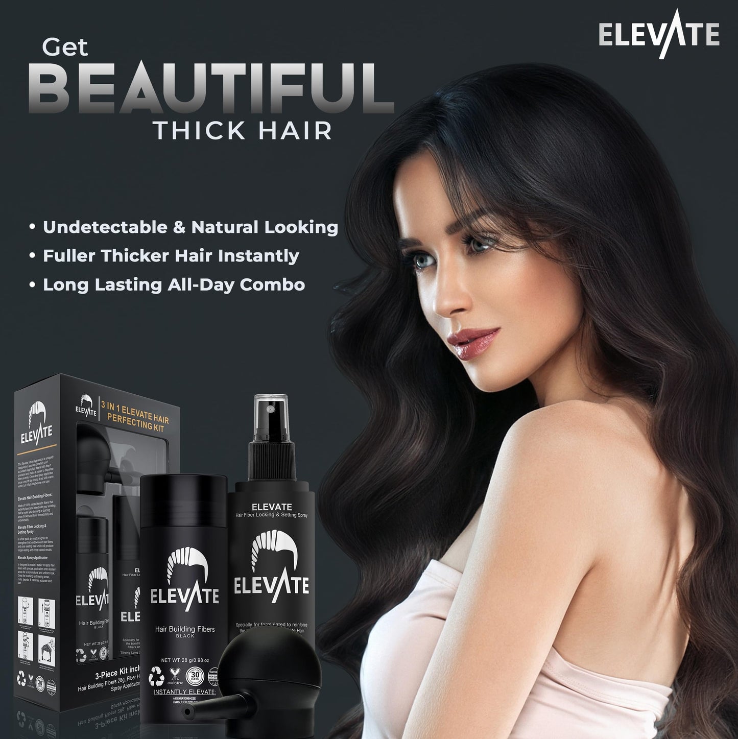 ELEVATE Hair Perfecting 3-in-1 Kit Includes Natural Hair Thickening Fibers & Spray Applicator Pump Nozzle & Locking Setting Hold Spray | Instantly Conceal Balding and Thinning Areas (Black)