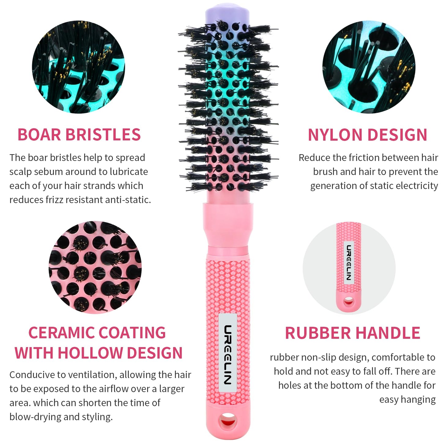 UREELIN Round Brush for Blow Out - 1.0 Inch Small Nano Thermal Ceramic & Ionic with Boar Bristles - Salon Blow Drying Hair Brush for Drying,Volumizing, Curling, Shine & Smooth Styling