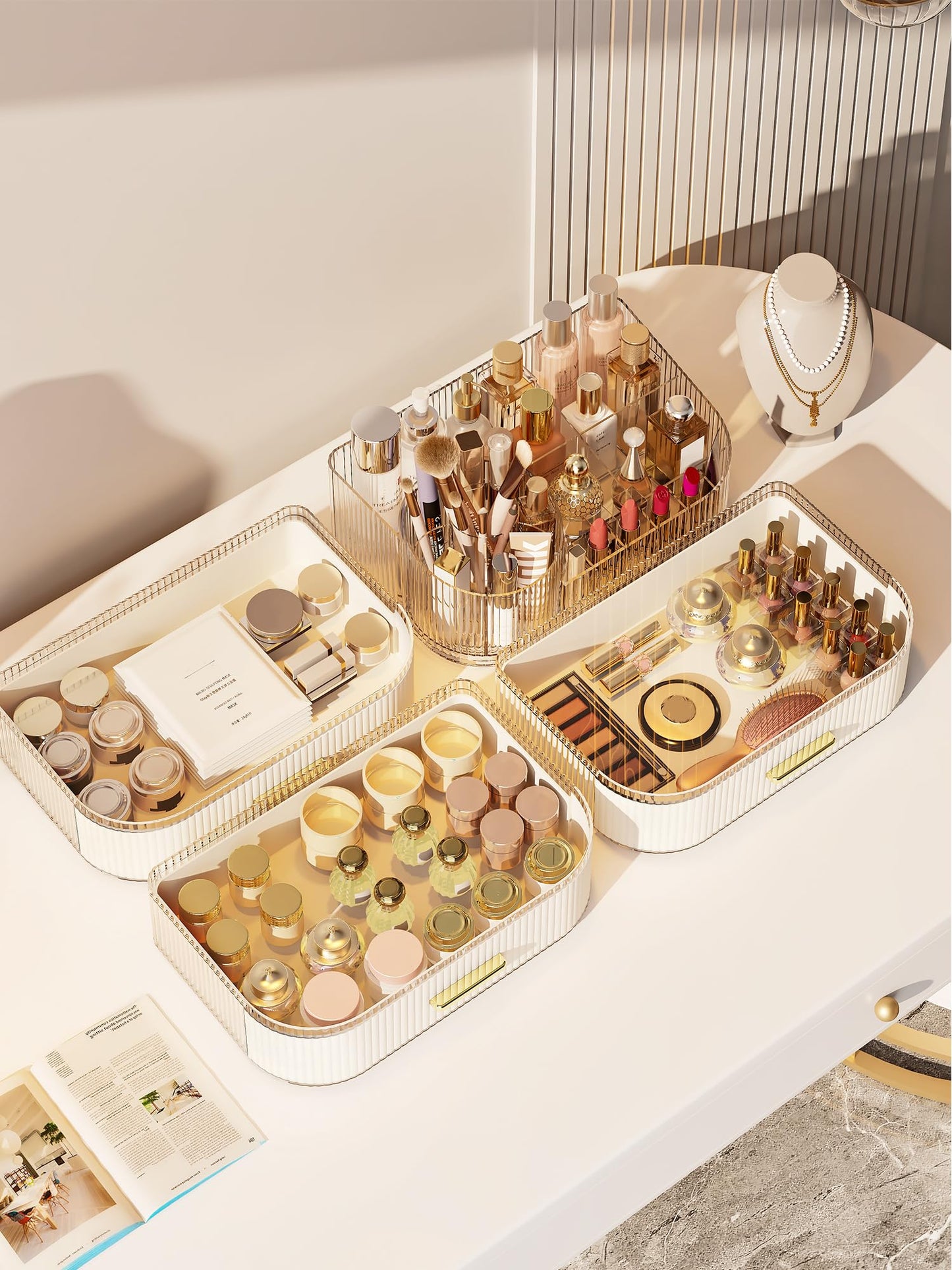 Makeup Organizer with Stackable Drawer, 360 Rotating Makeup Brush Holder, 11-inch Wide Large Cosmetic Display Case, Skincare Organizers and Storage for Dresser, Vanity, Bathroom Countertop