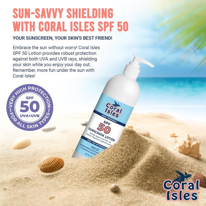 Coral Isles Sunscreen SPF 50 - Reef Safe, Broad Spectrum UVA/UVB Protection | Water Resistant 80 Min | 16 Fl Oz