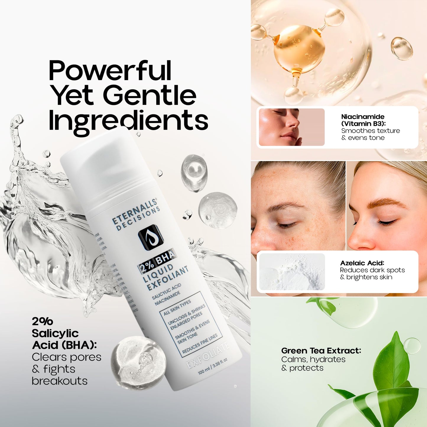 2% BHA Liquid Exfoliant Face Toner, Daily Leave-On Exfoliant, with Salicylic Acid & Niacinamide to Unclog Pores, Smooth Texture, Hydrate & Support Glowing Skin, Daily Exfoliant | Eternalls Decisions