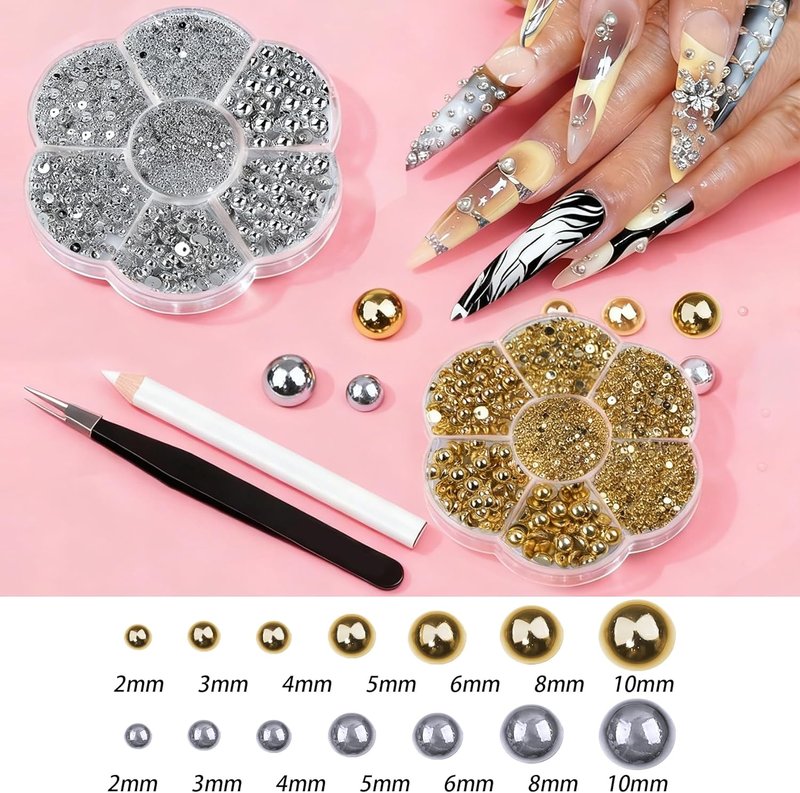 Nail Pearls - Gold & Silver Half Round Flatback Charms for Nail Art | Multi Size DIY Crafting Tools