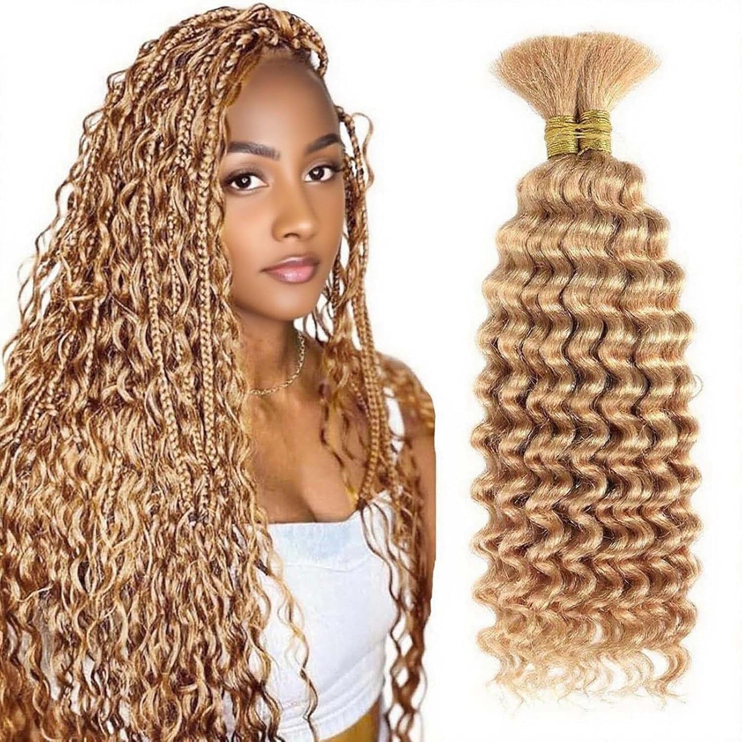 Human Braiding Hair - 24 Inch Deep Wave Extensions | 100g Bulk No Weft for Boho Box Braids - #27 Honey Blonde