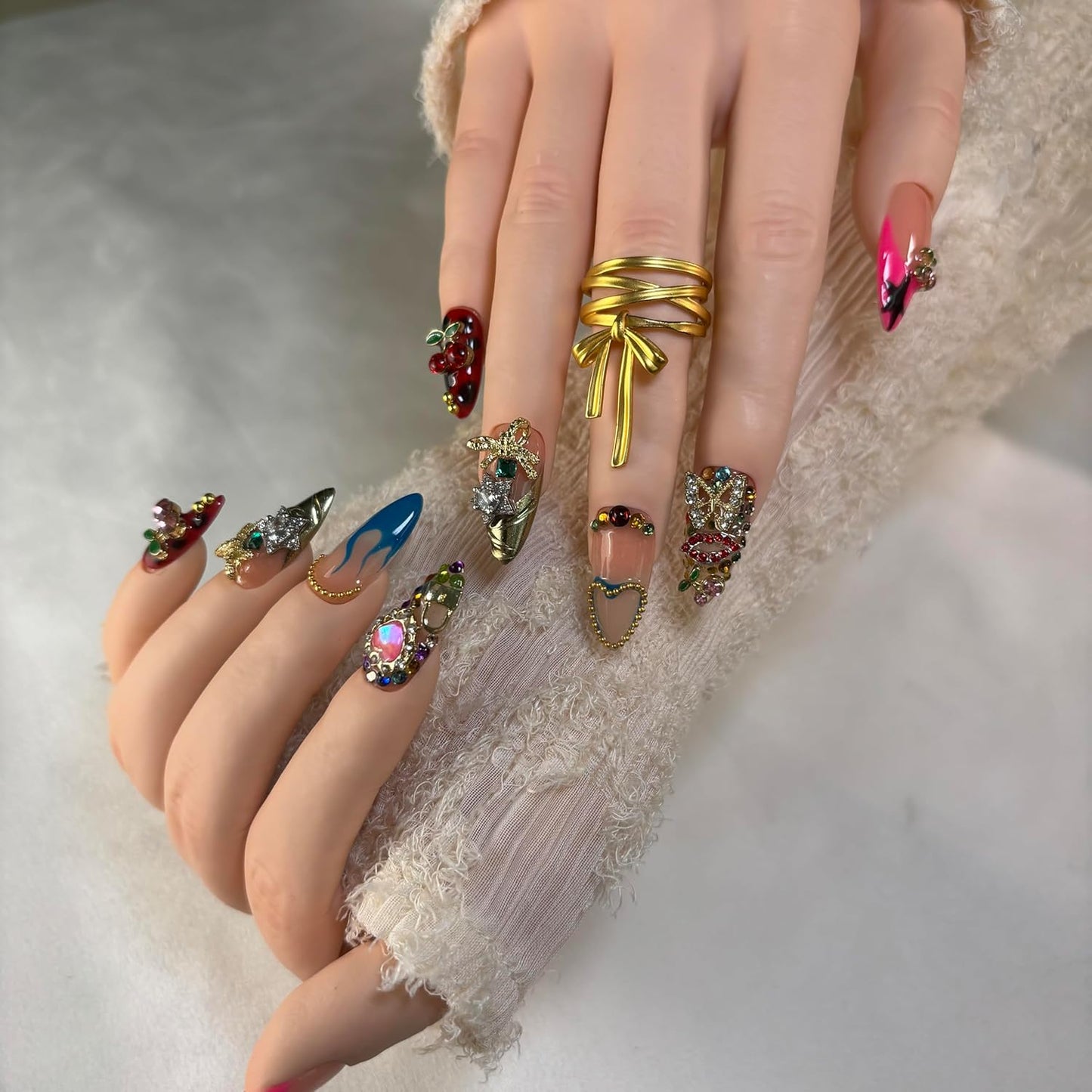 Handmade Almond Press-On Nails | 3D Heart, Star & Flame Charms - Pink Design for Women