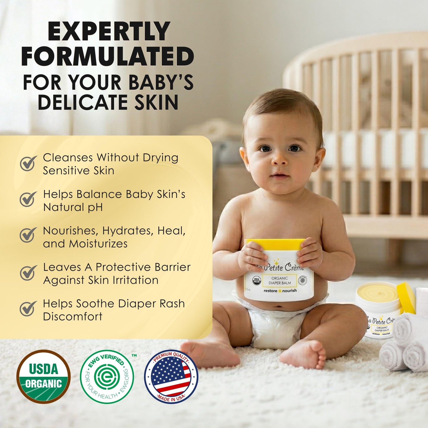 La Petite Creme French Organic Diaper Balm (4 oz) - Healing & Nourishing Diaper Cream - Gentle & Safe Liniment Baby Lotion - USDA Certified Organic - Baby Essentials for Newborn