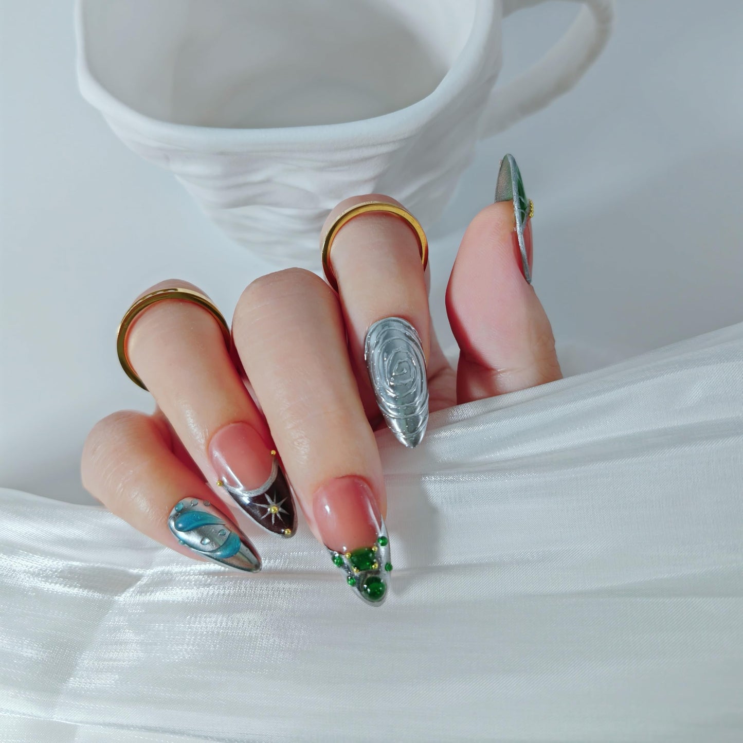 Almond Press on Nails Handmade Medium Long/Stiletto 3D Flower Fake Nail with Designs, Women Reusable False Nails (French Tip Silver, M)