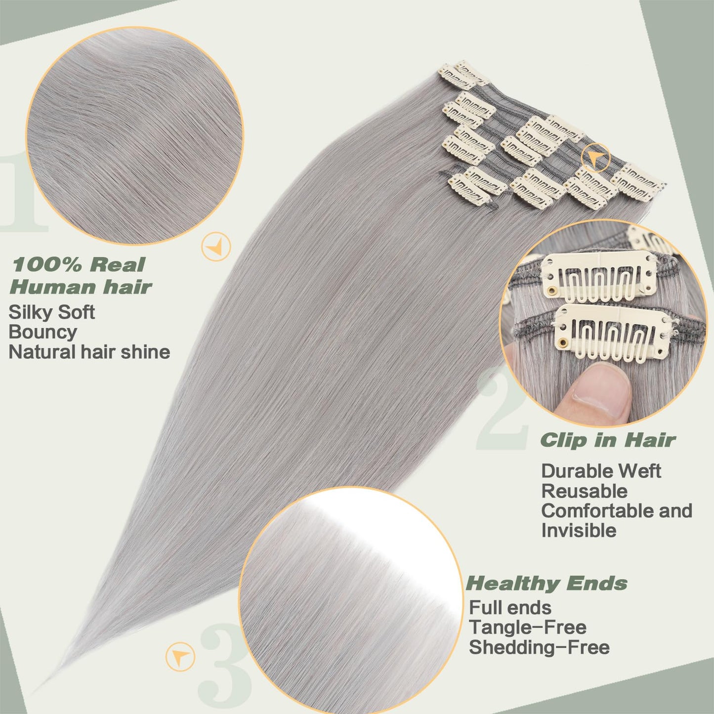 Clip in Hair Extensions Human Hair S-noilite Gray Human Hair Short Hair Clip in Extensions Full Head 8 Pieces/18 Clips 100% Real Human Hair Silky Straight 10"-65g Light Gray (#G1)