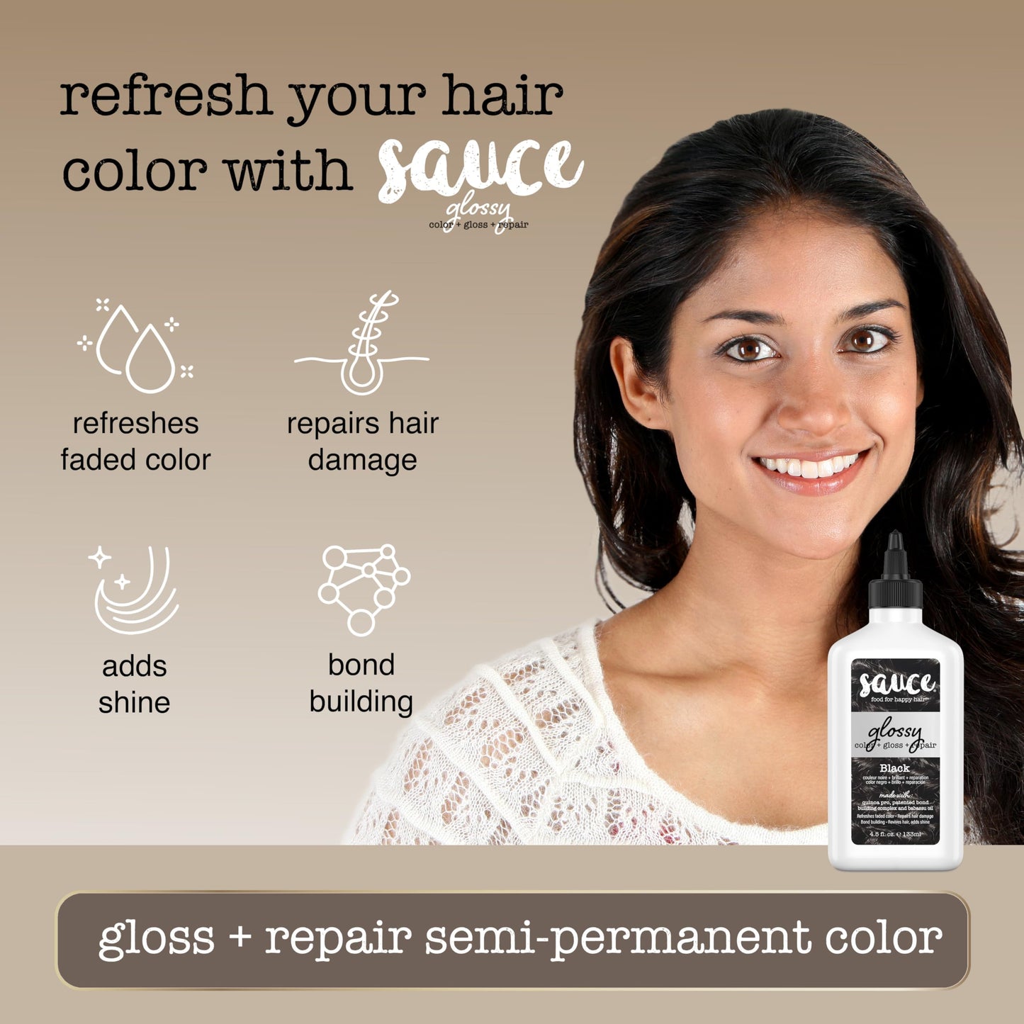 Sauce Beauty Glossy Color + Gloss + Repair, Black, Semi Permanent Hair Dye with Bond-Building and Color-Fade Protection Technology, Adds Shine & Deep Moisture, Lasts 4-8 Weeks, Stops Fade