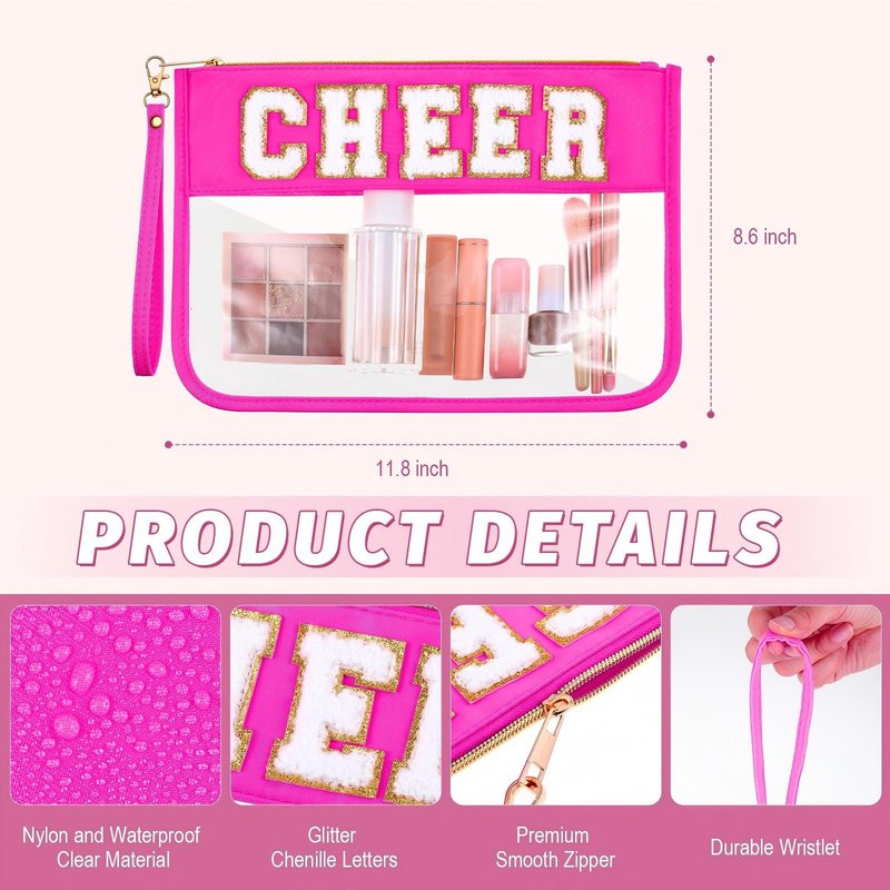 Kacctyen 6 Pcs Cheer Bags Chenille Letter Makeup Bag Cheer Gifts for Stuff Cheerleader, Rose Red Clear Zipper Pouch Cosmetic Toiletry Pouch with Handle for Women Girls Gym Beach Travel(Rose Red,Cheer)