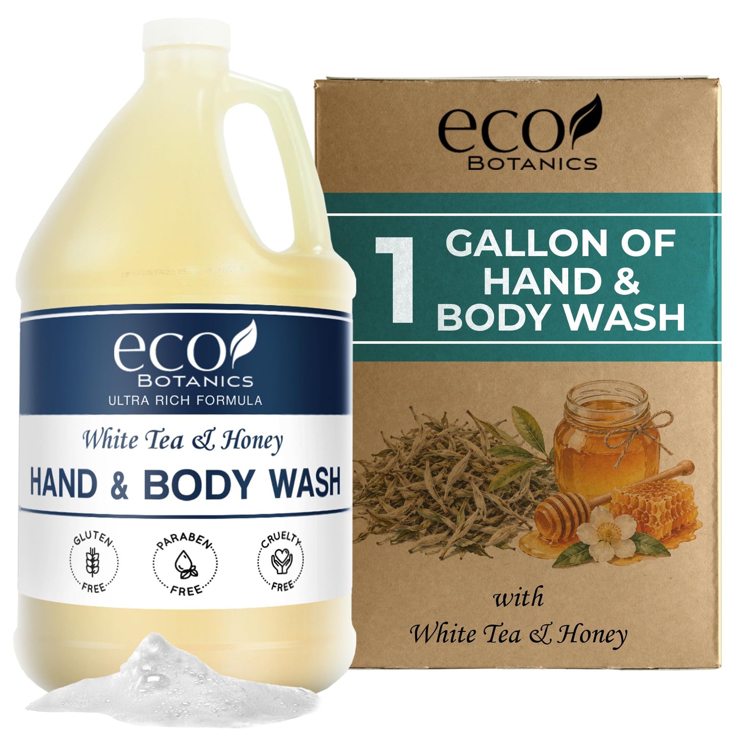 Terra Pure 1-Shoppe Eco Botanics Natural Hand and Body Wash with Raw Honey & White Tea | Gallon Jug Bulk Toiletries for Airbnb, Vacation Rentals, and Home Bathroom | Refill For Soap Dispensers