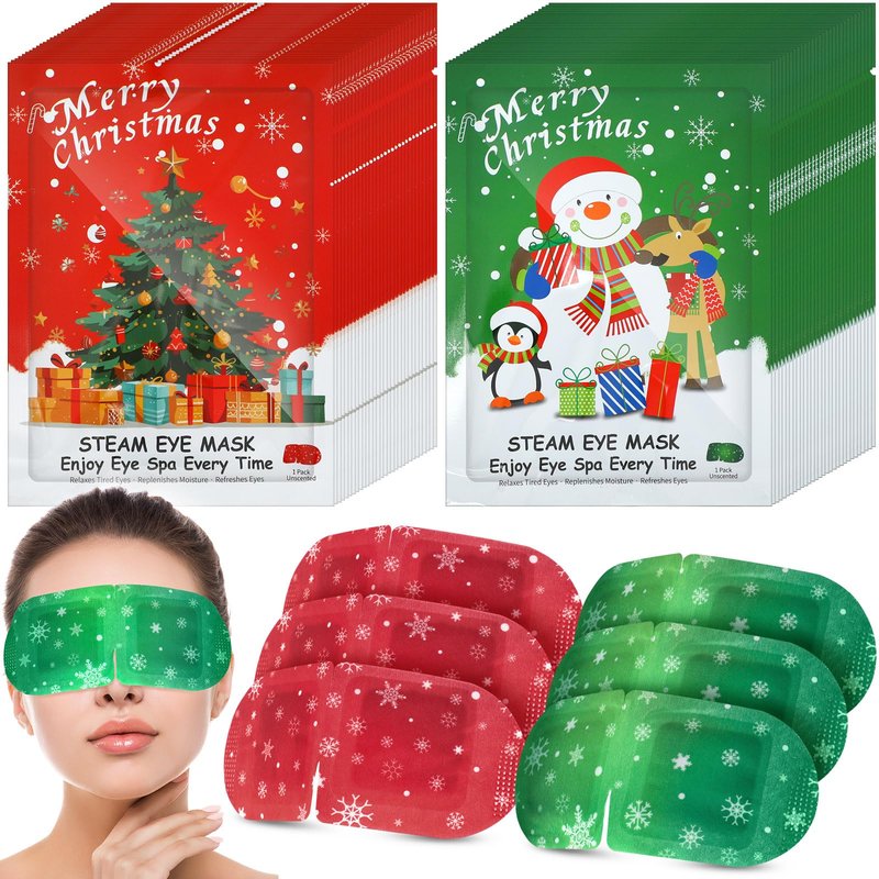 Demissle 60 Pack Christmas Steam Eye Masks Bulk for Dry Eyes Disposable Eyes Masks Cover Self Heating Red and Green Moist Heat Eyemasks Holiday Warm Eye Compress Gift for Women Home Office Travel