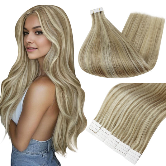 Full Shine Tape in Hair Extensions, Color 16 Desert Blonde Highlighted 22 Champagne Blonde, 18 Inch, 50g, 20PCS, Natural Invisible Tape Ins Human Hair Extensions for Wedding