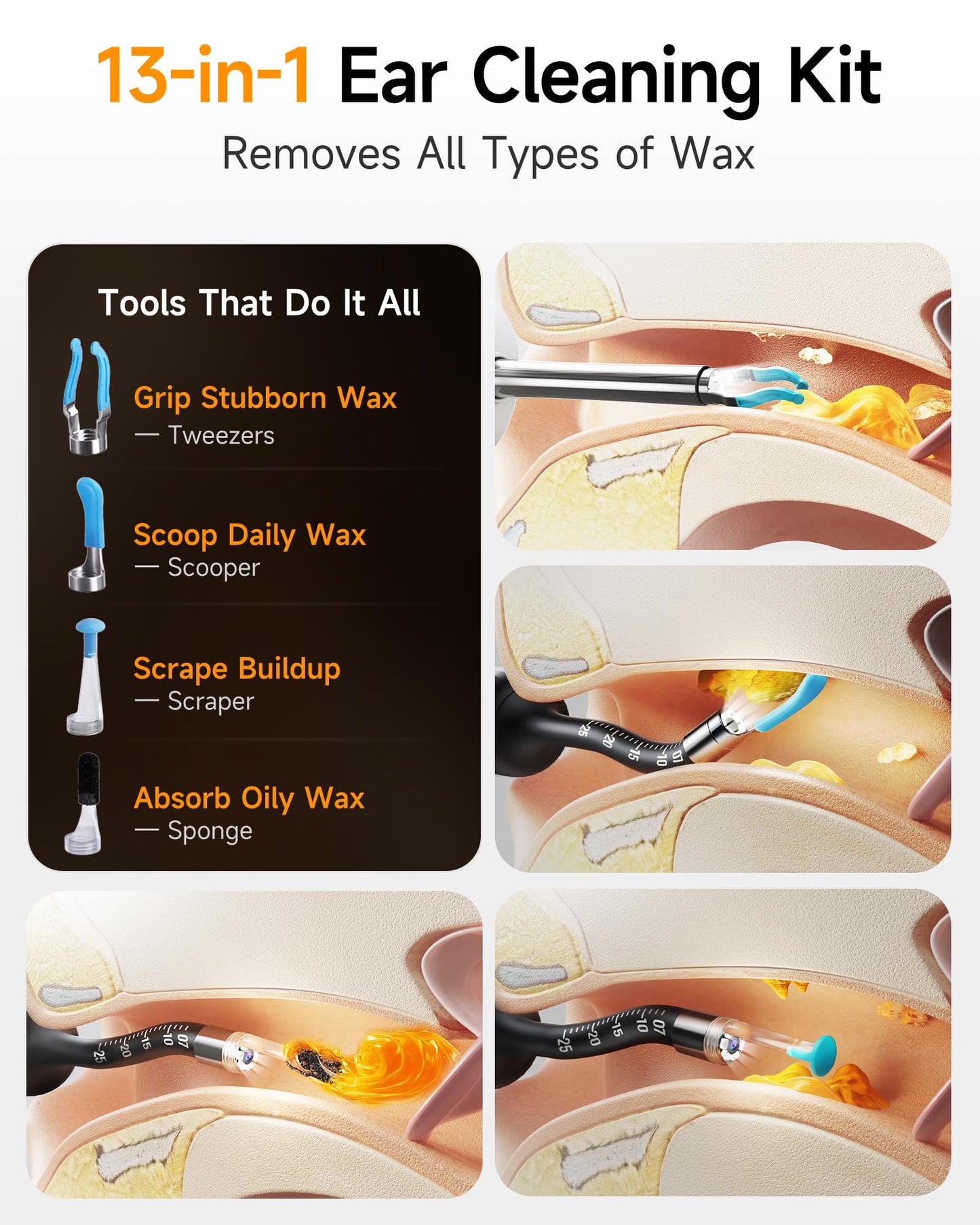Anyear Flexible Ear Wax Removal Tool Camera, Wireless Ear Cleaner with 10MP HD Otoscope, Painless Tweezers, 12 Soft Tips, 3 Inspection Heads, Portable Earwax Removal Kit with Camera for Adults/Kids