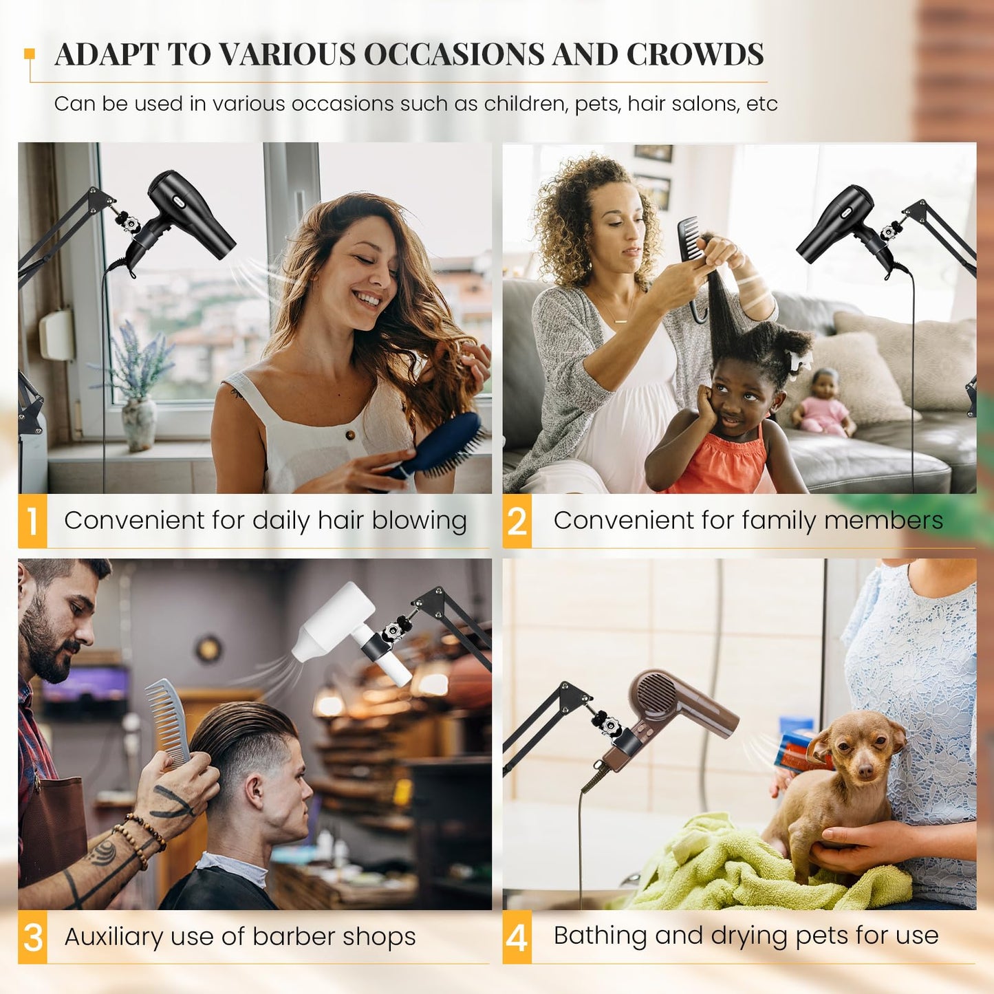 INNOLIFE Hands Free Hair Dryer Stand - Adjustable Height, 360° Rotating with Heavy Base for Hands-Free Drying